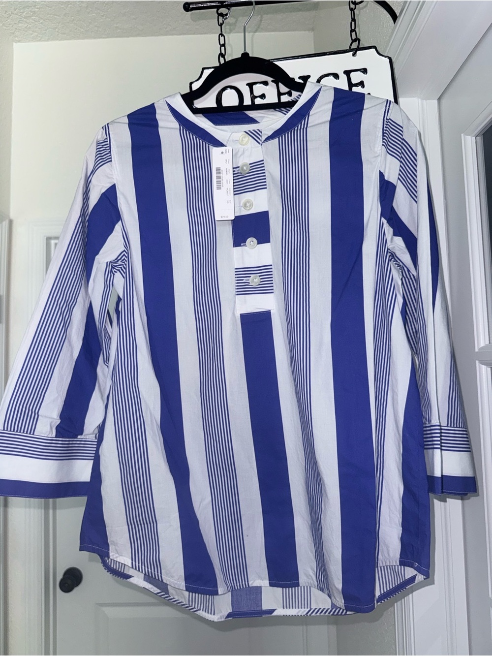 J. Crew Blue and White Striped Button-Up Shirt, 3 quarter sleeve.
